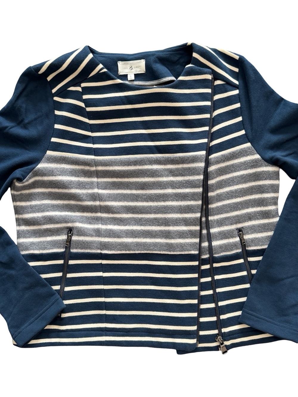 Lou & Grey Navy and Gray Women’s Soft Striped Moto Jacket Size S, NWT - Picture 4 of 6